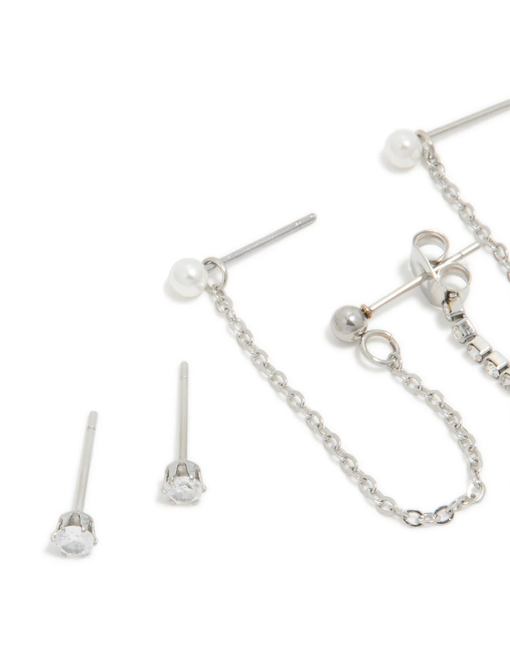 Waterproof Stainless Steel Cubic Zirconia Bow Chain Earrings 3-Pack - Image 2