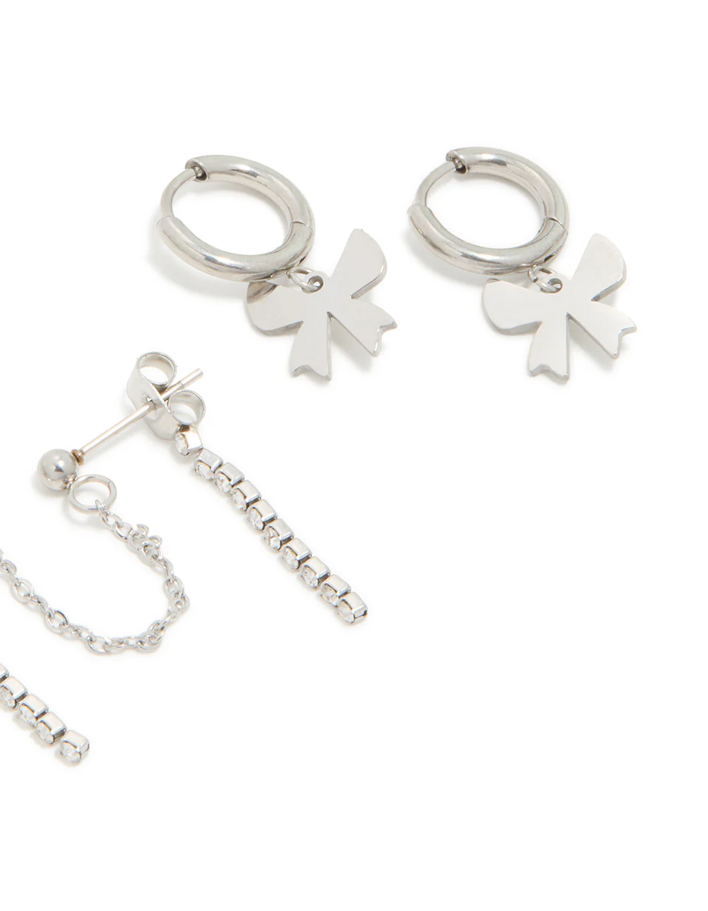 Waterproof Stainless Steel Cubic Zirconia Bow Chain Earrings 3-Pack - Image 3