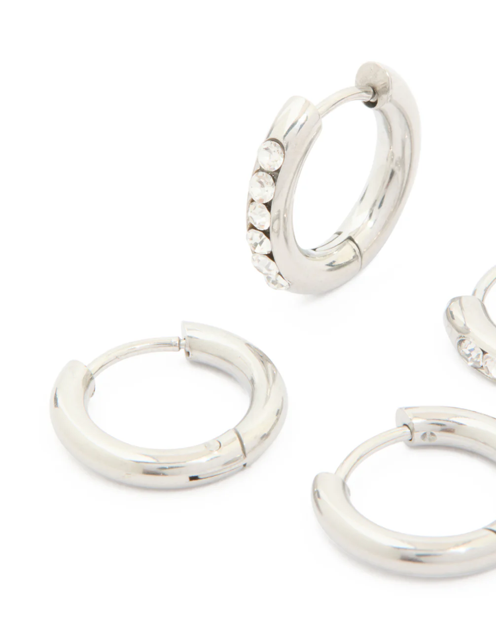 Waterproof Stainless Steel Cubic Zirconia & Smooth Chunky Huggie Earrings 2-Pack - Image 2