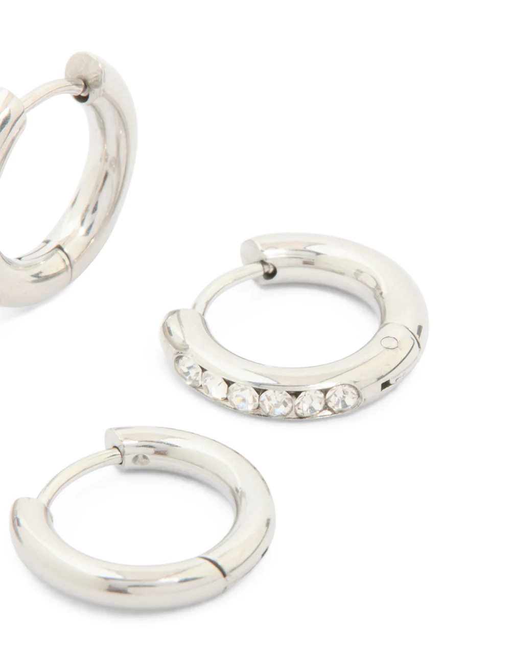 Waterproof Stainless Steel Cubic Zirconia & Smooth Chunky Huggie Earrings 2-Pack - Image 3