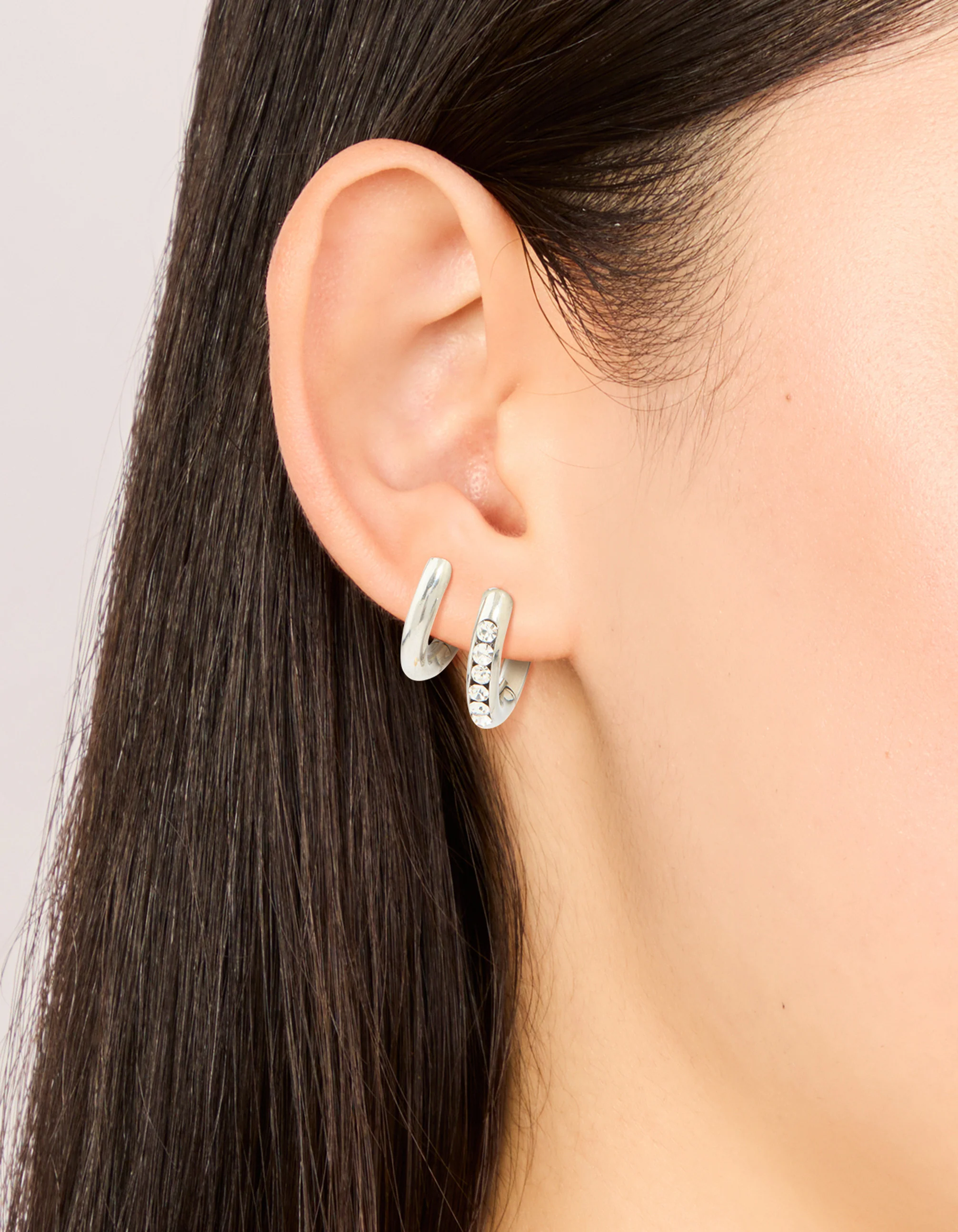 Waterproof Stainless Steel Cubic Zirconia & Smooth Chunky Huggie Earrings 2-Pack - Image 4