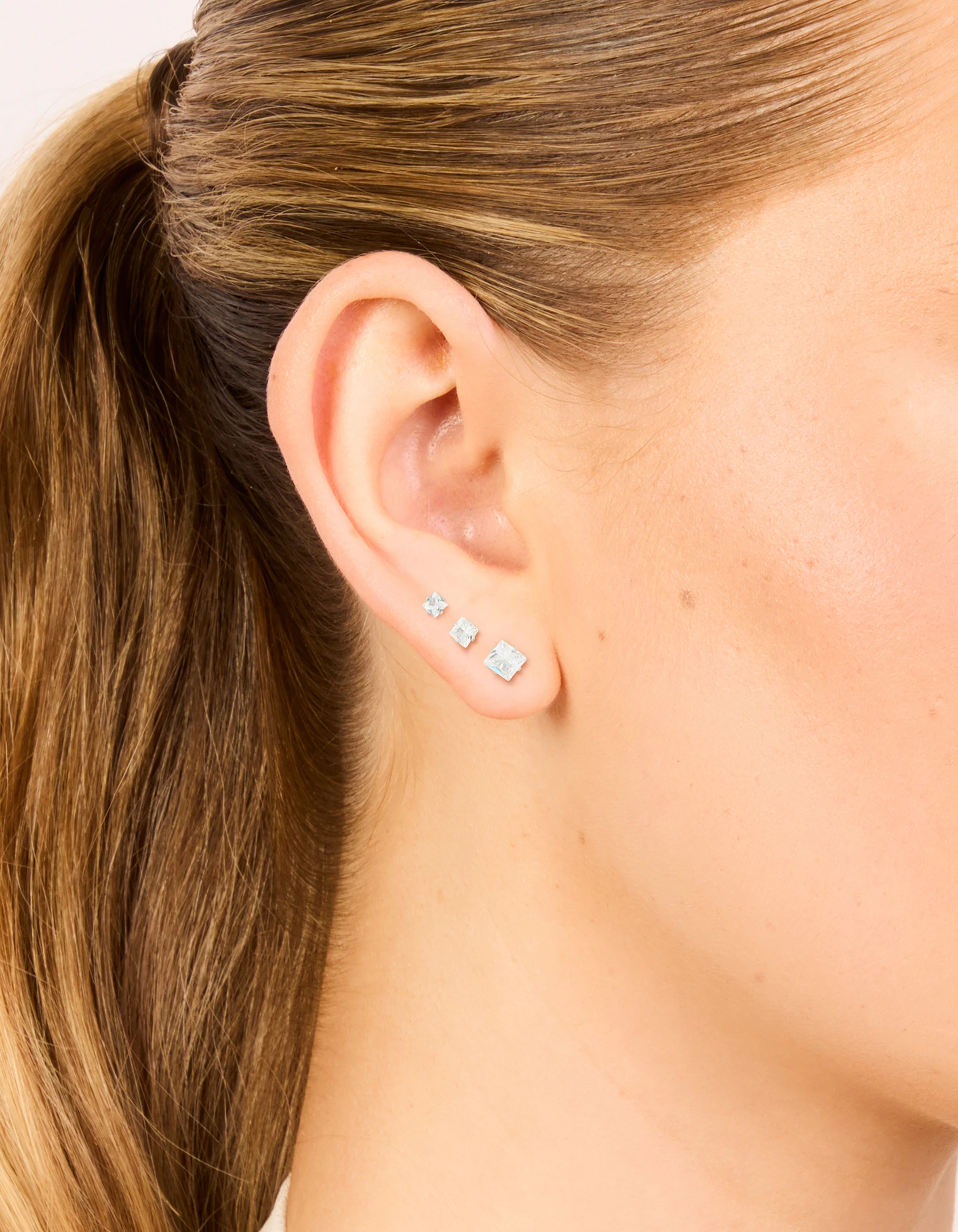 Waterproof Stainless Steel Cubic Zirconia Square Stud Earrings 3-Pack - Image 4