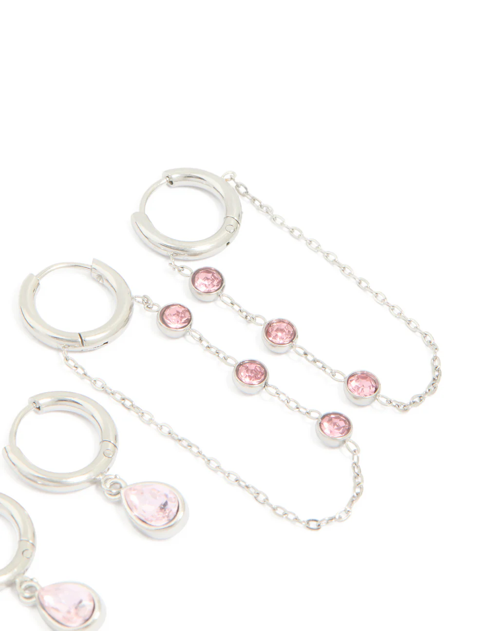 Waterproof Stainless Steel Pink Cubic Zirconia Chain Droplet & Classic Huggie Earrings 2-Pack - Image 3