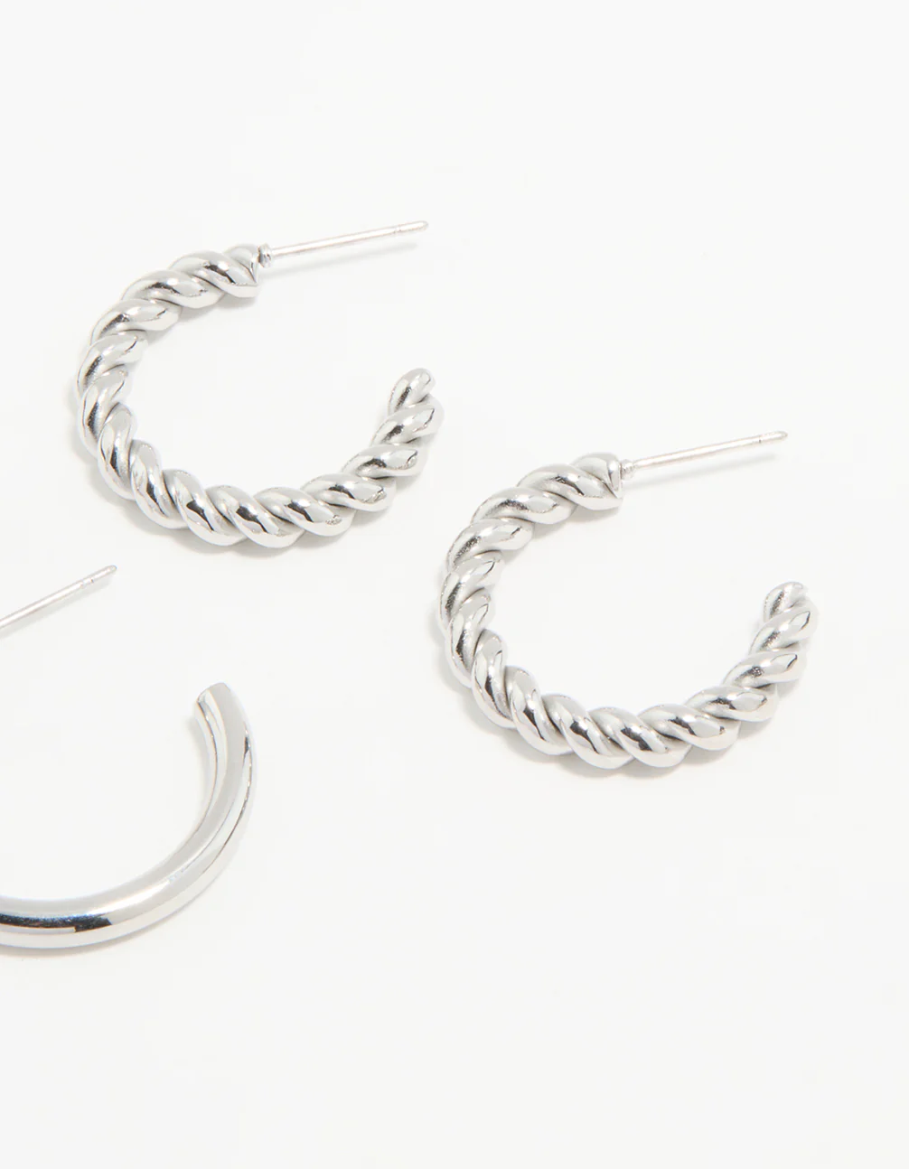 Waterproof Stainless Steel Twisted & Smooth Hoop Earrings 3-Pack - Image 3