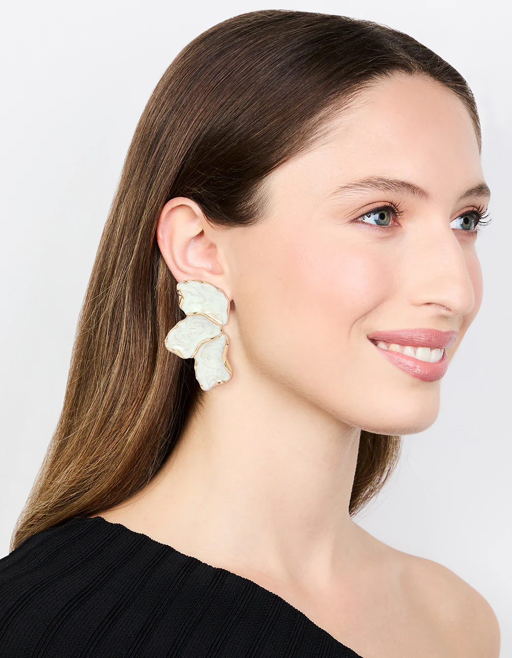 White Coated Metal Marble Floral Drop Earrings - Image 3