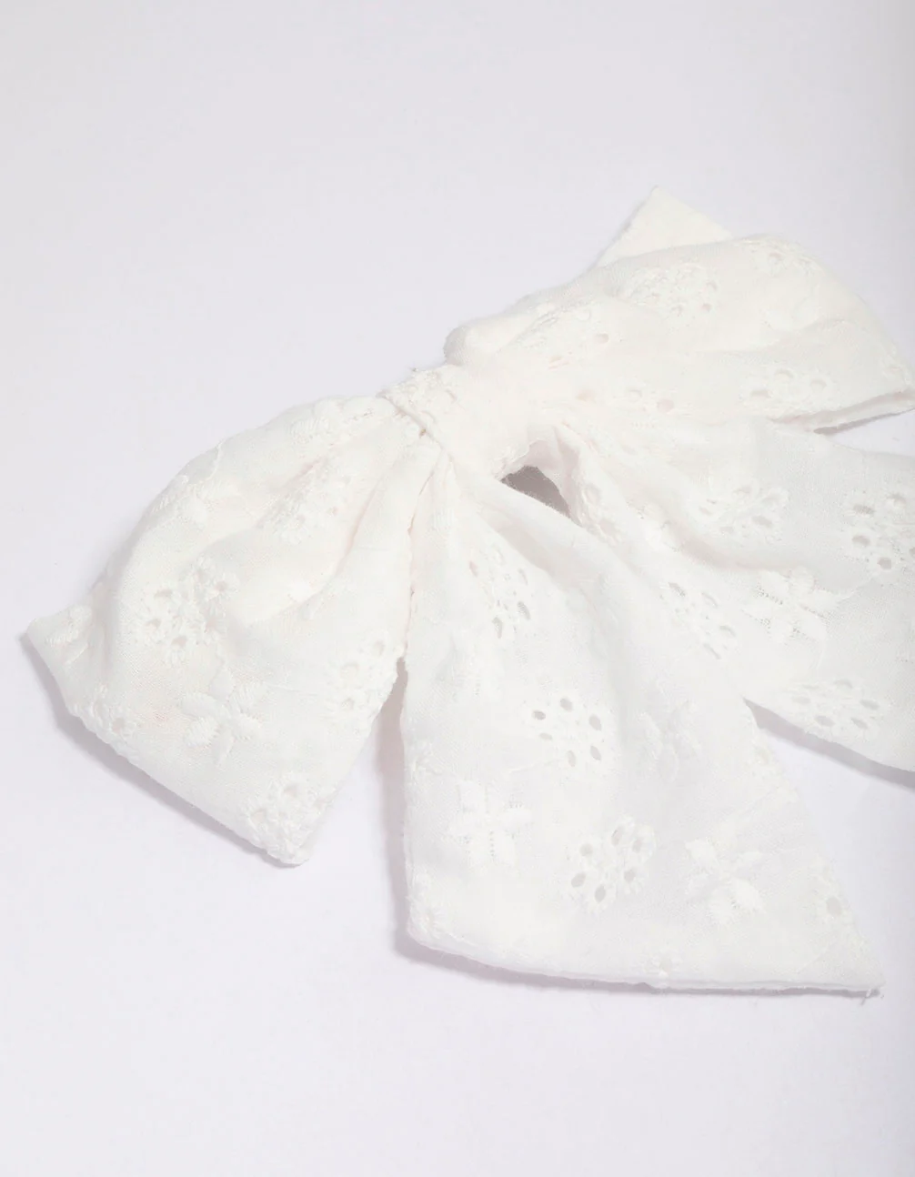White Fabric Embroidered Hair Bow Clip - Image 2
