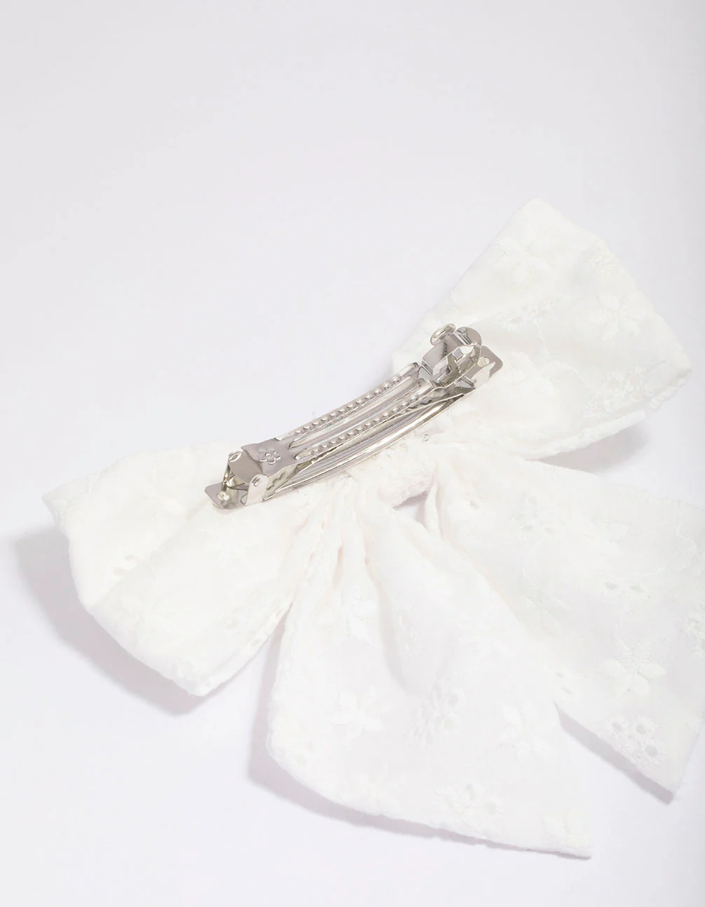White Fabric Embroidered Hair Bow Clip - Image 3