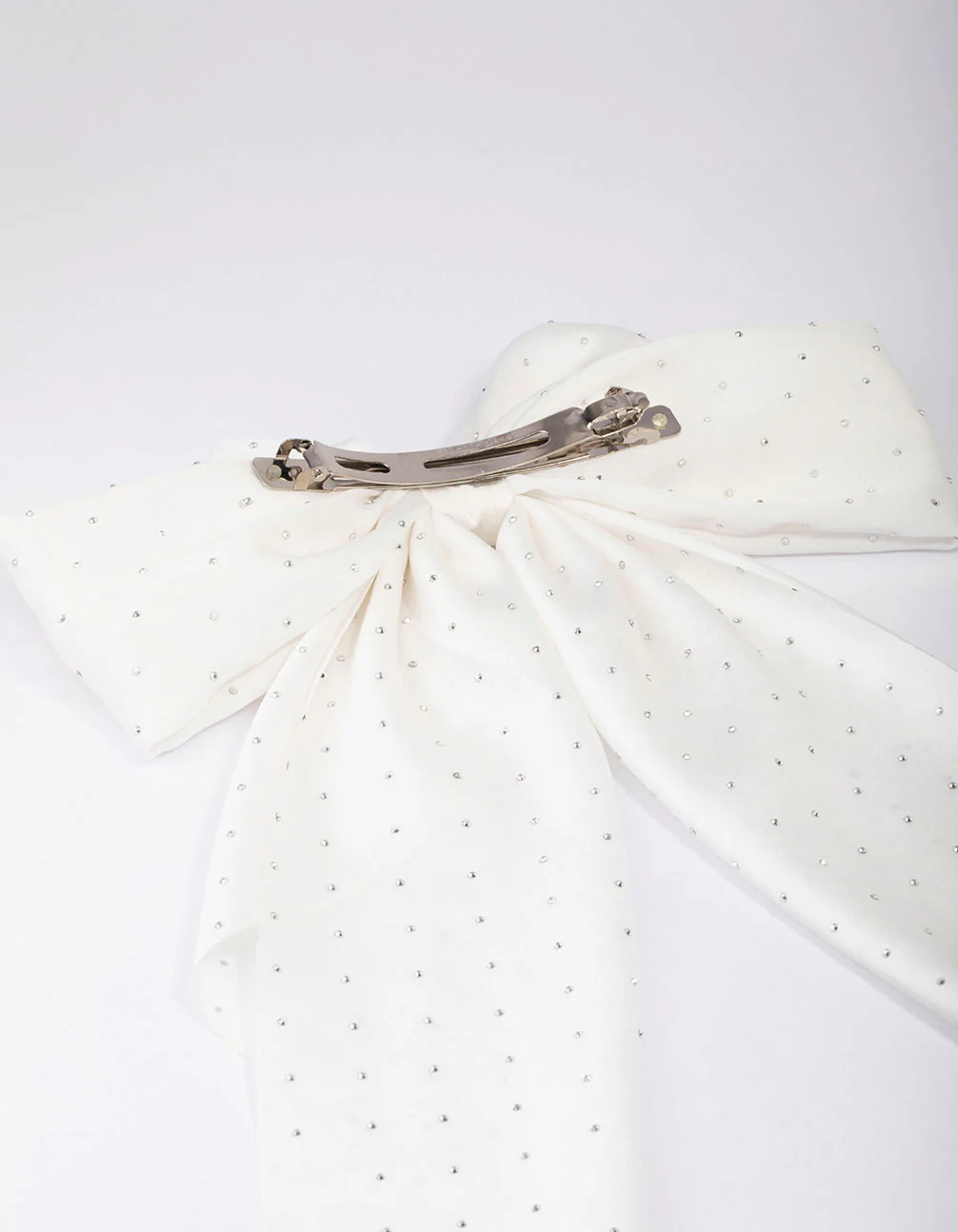 White Fabric Satin Drop Bow Hair Clip - Image 3