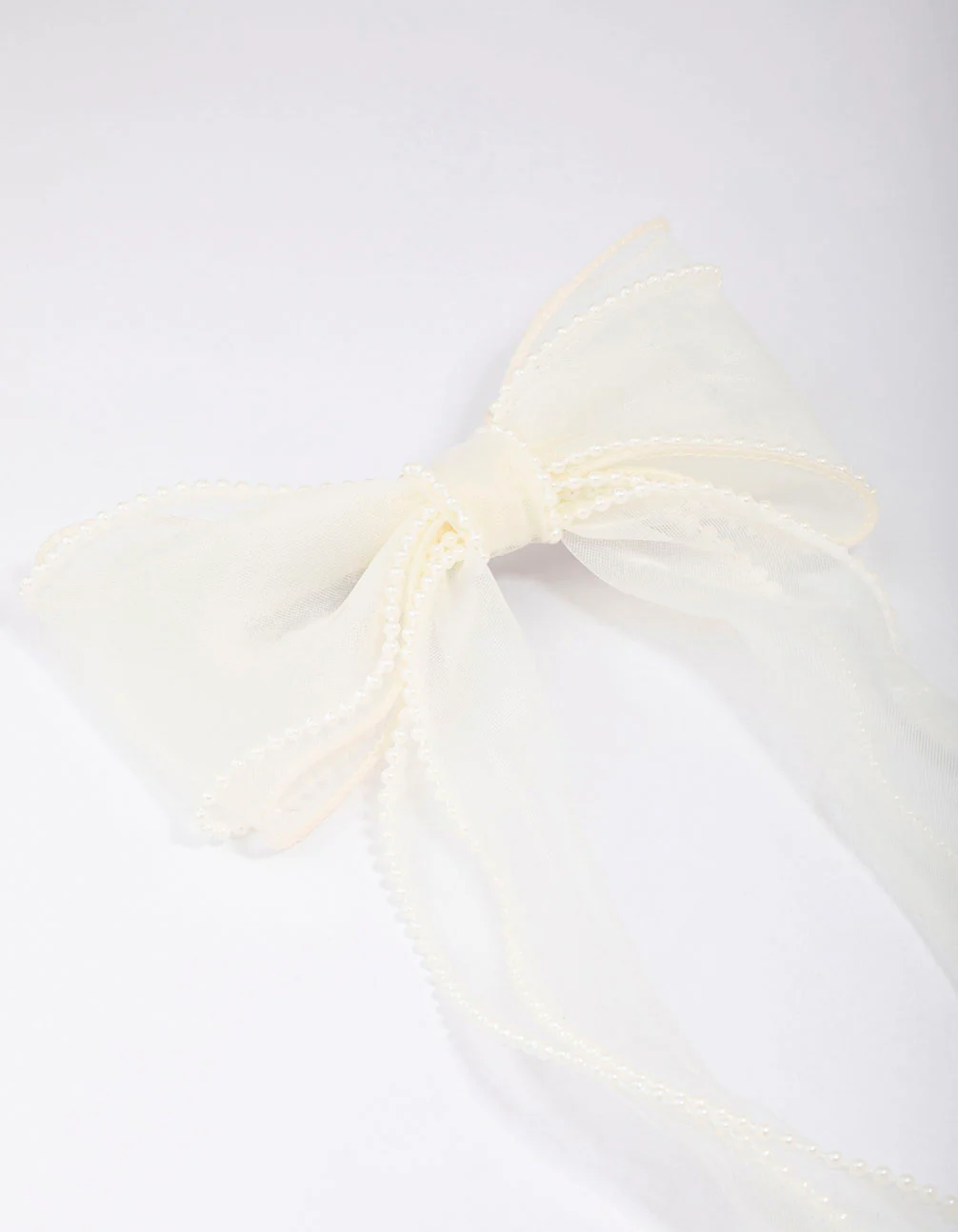 White Organza Fabric Pearl Twist Bow Hair Clip - Image 2