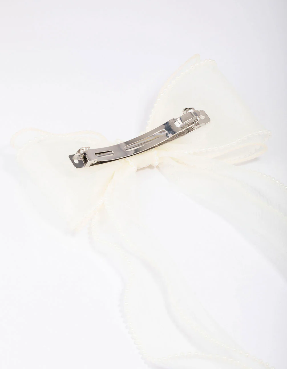 White Organza Fabric Pearl Twist Bow Hair Clip - Image 3