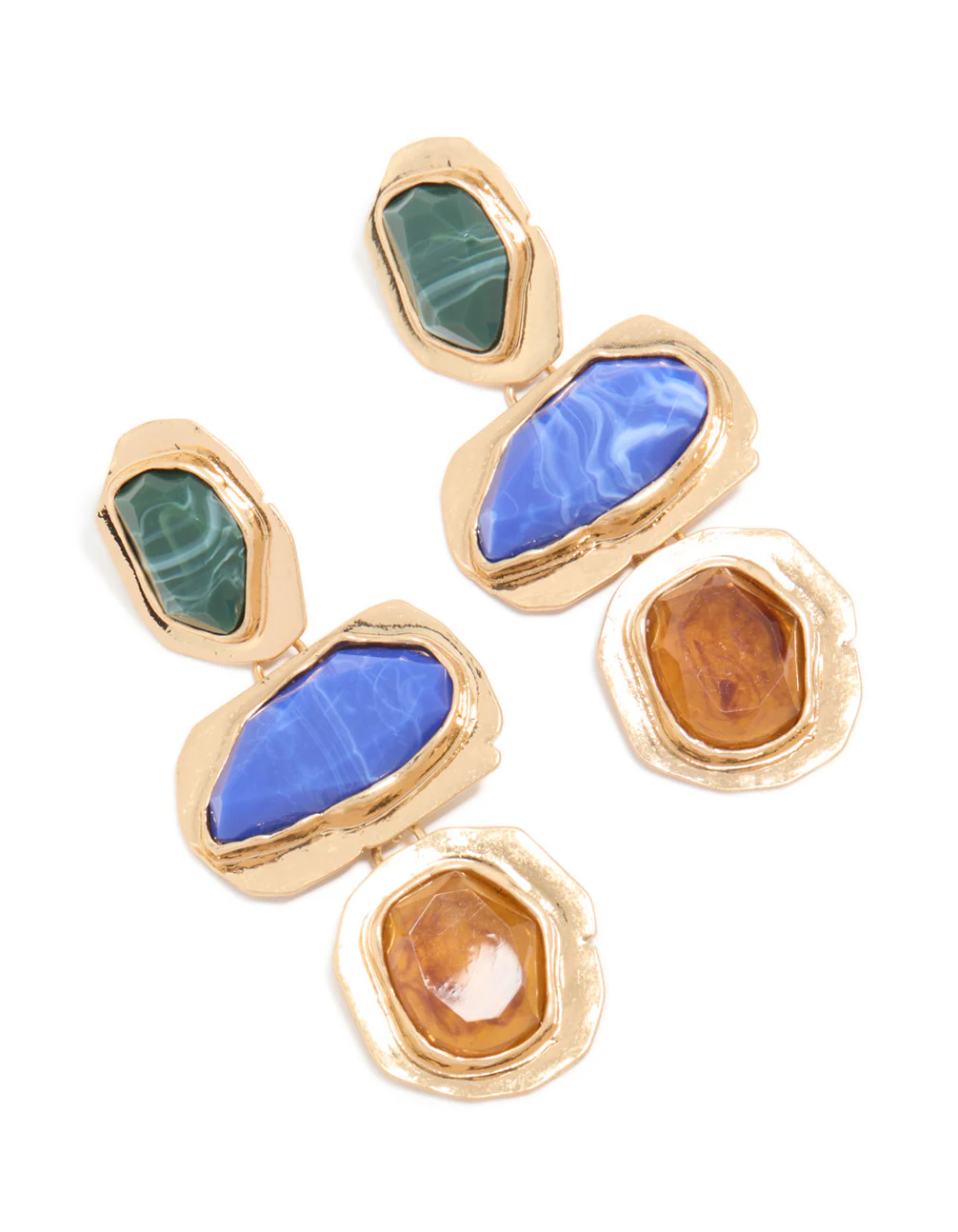 Worn Gold Blue & Green Acrylic Triple Layered Drop Earrings - Image 2