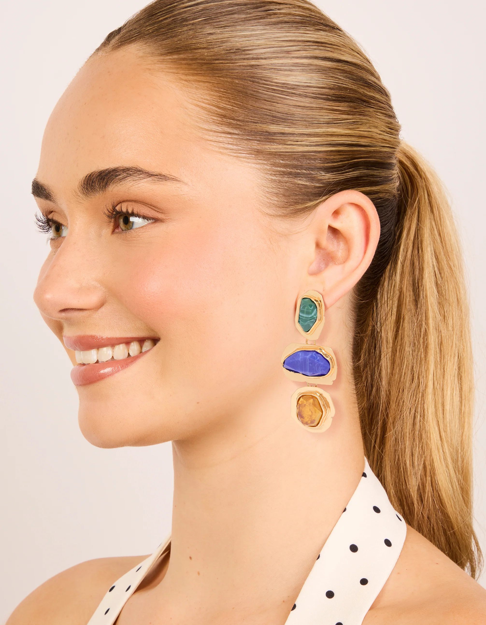 Worn Gold Blue & Green Acrylic Triple Layered Drop Earrings - Image 3