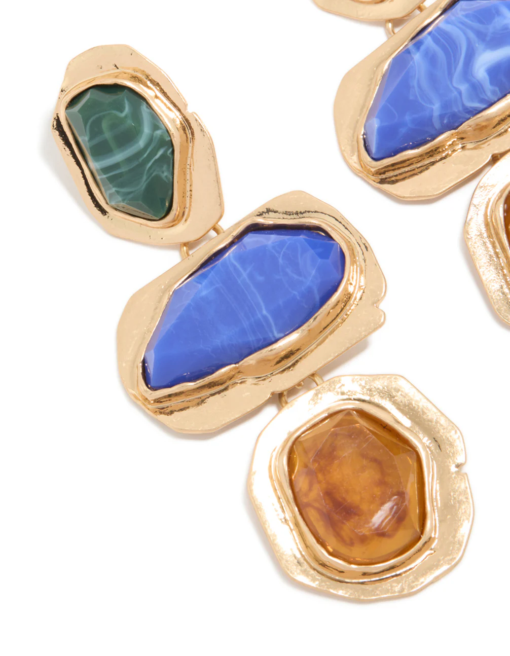 Worn Gold Blue & Green Acrylic Triple Layered Drop Earrings - Image 4