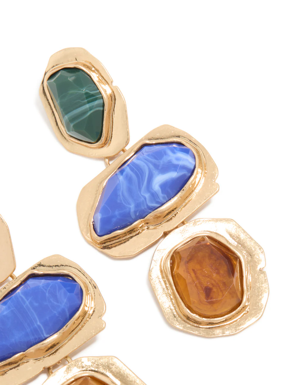 Worn Gold Blue & Green Acrylic Triple Layered Drop Earrings - Image 5