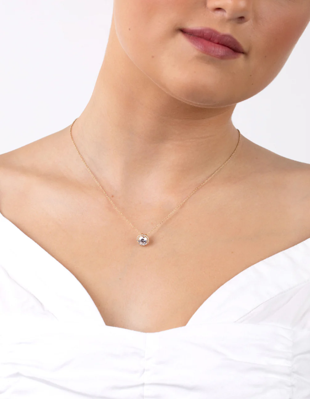 Gold Plated Sterling Silver 6mm Cubic Zirconia Halo Necklace - Image 2