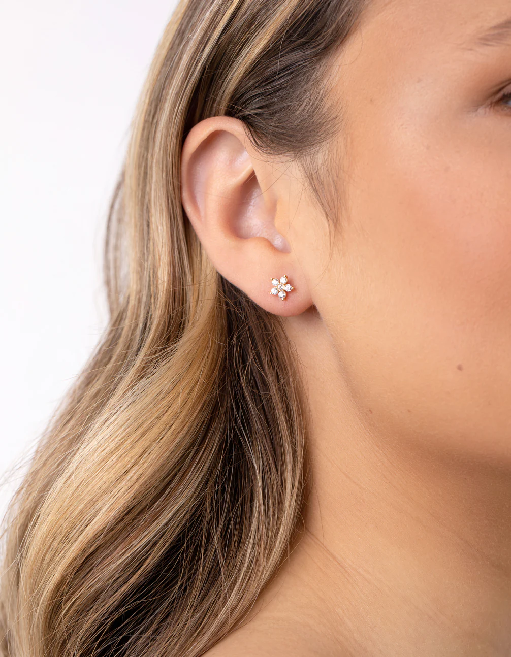 Gold Plated Sterling Silver Cubic Zirconia Flower Stud Earrings - Image 2