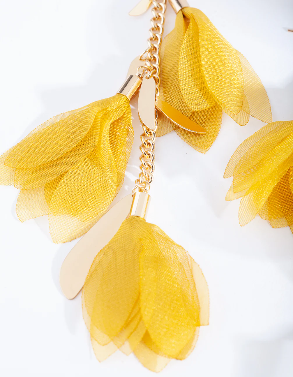 Yellow Fabric Flowers Gold Earrings - Image 2