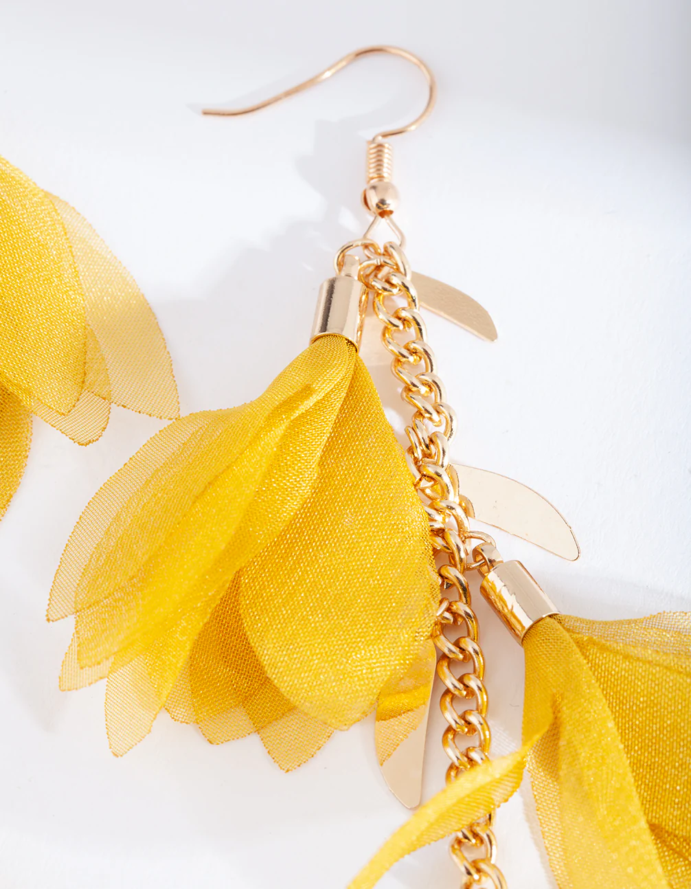 Yellow Fabric Flowers Gold Earrings - Image 3